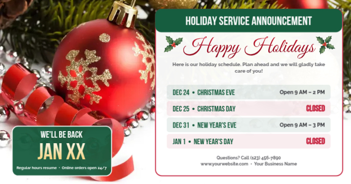 Holiday Service Announcement Business Hours Post Template | PosterMyWall