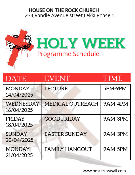 Holy week Program Schedule Løbeseddel (US Letter) template