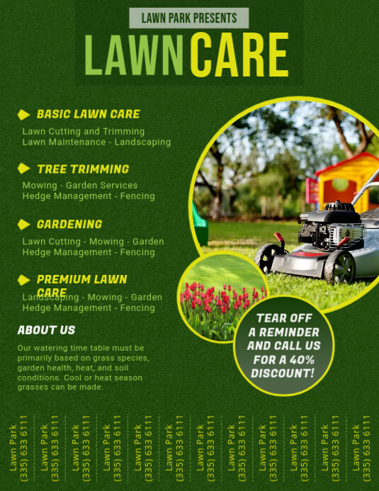 Home Lawn Mowing Flyer with Tear Off Tabs Pamflet (Letter AS) template