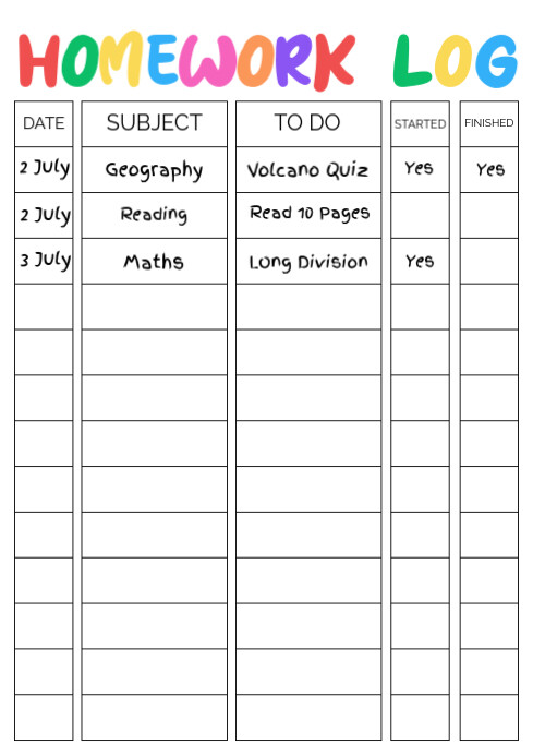 Homework Log Printable Sheet - Free Download A4 template