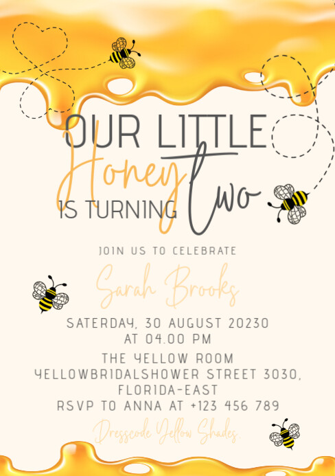 Honeybee yellow second birthday invitation Template | PosterMyWall
