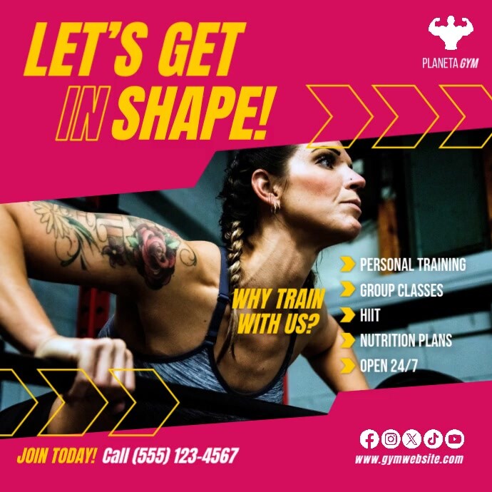 Hot Pink & Yellow Gym Workout Training Post Ad (Square) Vierkant (1:1) template