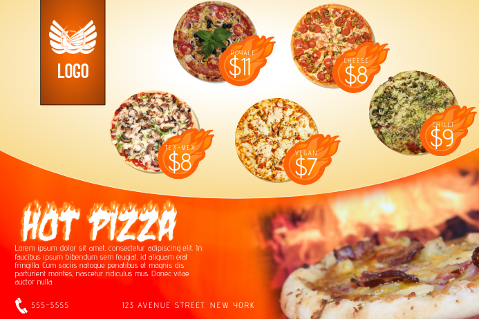 hot pizza flyer template orange fire landscape Plakkaat