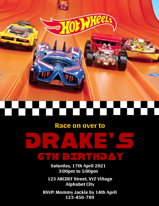 Sjabloon Hotwheels Verjaardagsuitnodiging Postermywall