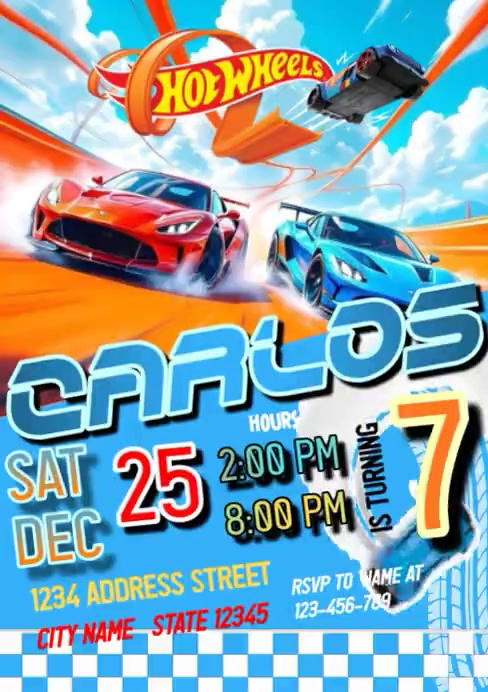 Hot Wheels Blue Illustrative Hot Wheels Birthday Invitation A4 Video ...