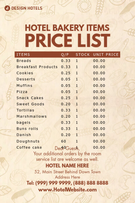 Hotel Bakery Price Menu Template Plakat