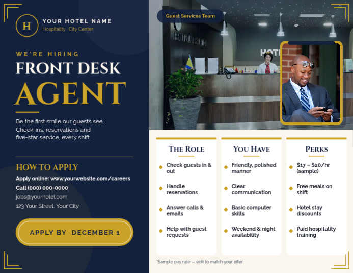 Hotel Front Desk Agent Hiring Flyer Template | PosterMyWall