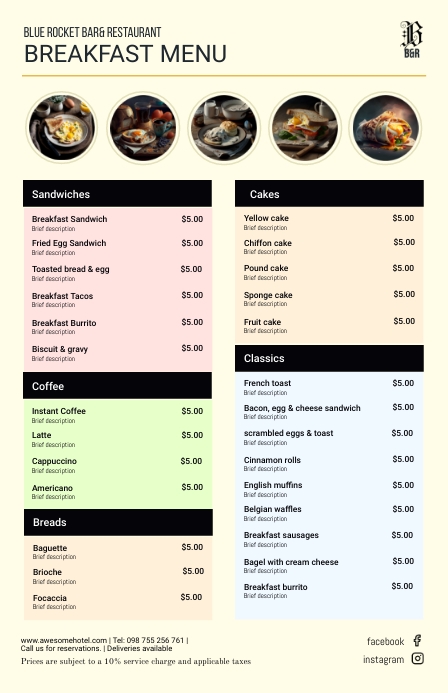 Hotel menu: categories Szeroki pół strony template