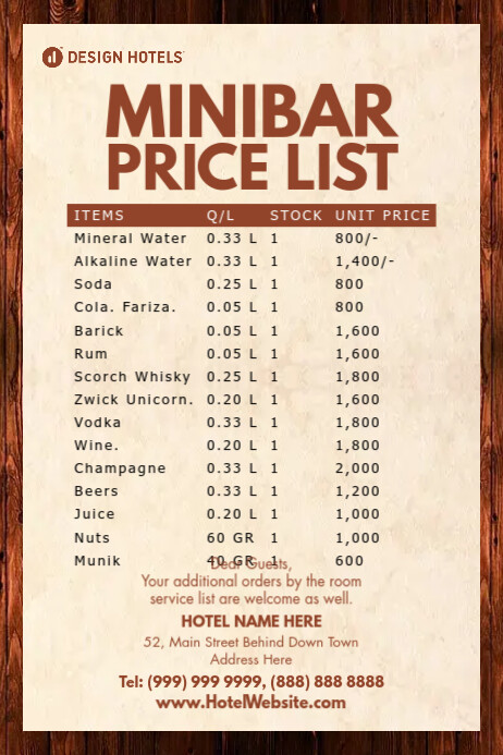 Cadre cadres bordure molduras cartaz lettre Copy of Hotel Minibar Price List 2021 Template | PosterMyWall