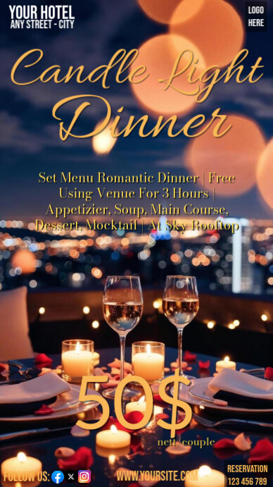 Hotel Restaurant Candle Light Dinner Social Media ads Digital Display (9:16) template