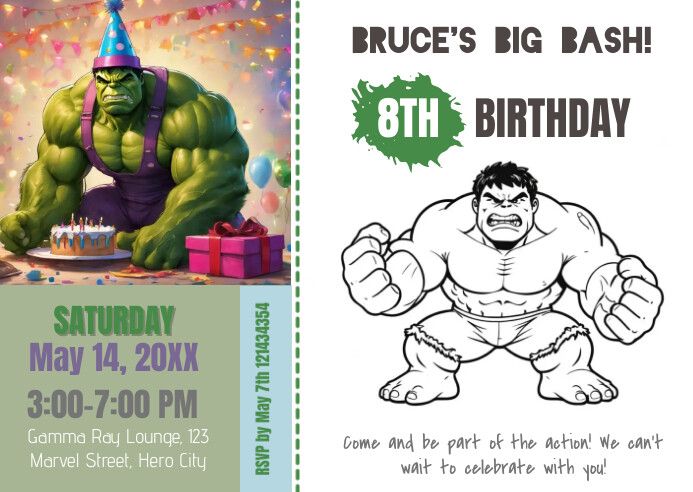 hulk invitations 2024 with coloring A6 template