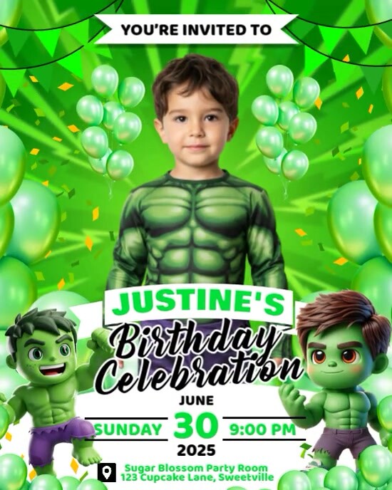 hulk theme birthday invitation party for kids Instagram Portrait template