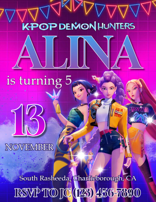 Huntrix Kpop Demon Hunters Birthday Invitation neon Template | PosterMyWall