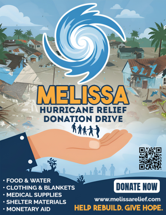 Hurricane Melissa Donation Relief Poster Template Folheto (US Letter)
