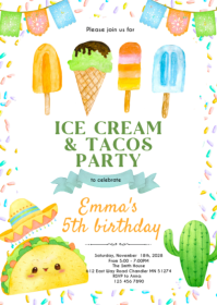 Ice Cream and Tacos Birthday invitation A6 template