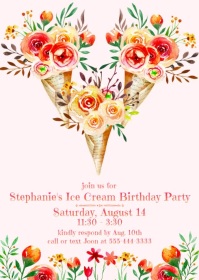 Ice Cream Girl's Birthday Party Invitation A6 template