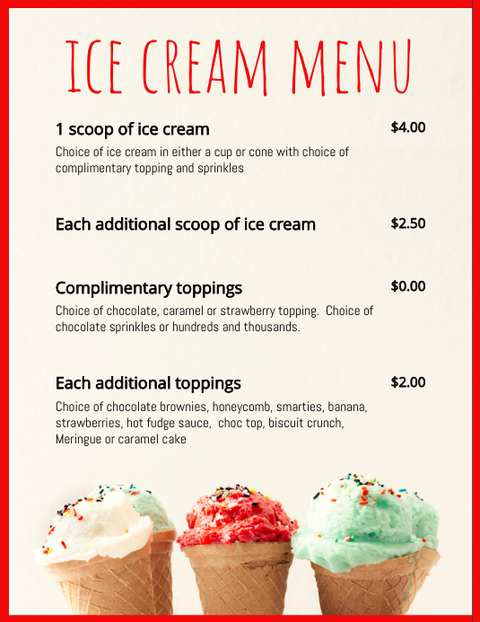 Ice cream menu items Template | PosterMyWall