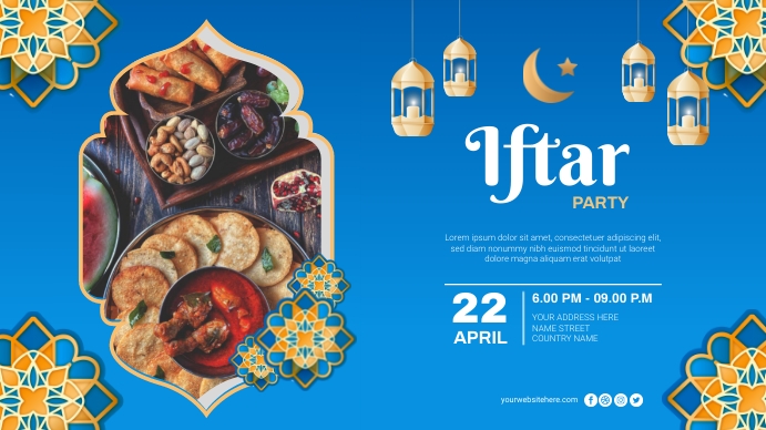 Iftar Ramadan Party Poster Banner Template งานแสดงผลงานแบบดิจิทัล (16:9)