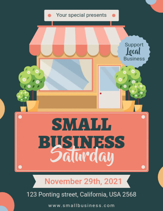 Illustrated Small Business Saturday flyer featuring a storefront and support local message