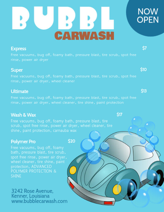 Illustrative Car Wash Price List Templates Volante (Carta US)