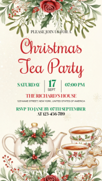 Illustrative Christmas Tea Party Invite Digital Display (9:16) template