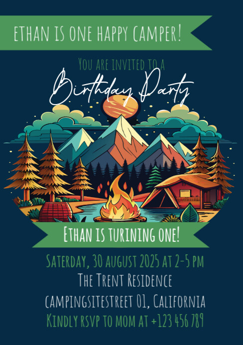 Illustrative First Birthday Camping Invitation A5 template
