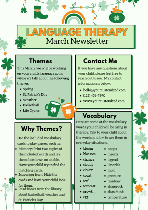 Illustrative March Newsletter For Speech Therapy A4 template