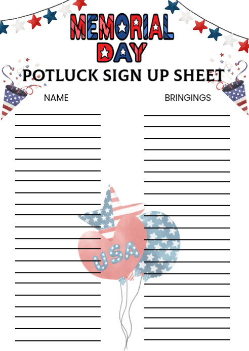 Illustrative Memorial Day Potluck Signup Sheet A6 template