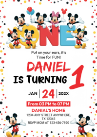 Illustrative Mickey Mouse First Birthday A4 template