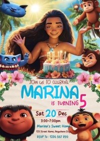 Illustrative Moana Birthday Invitation A6 template