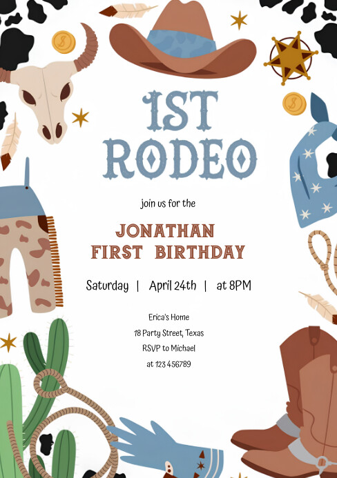 Illustrative Rodeo 1st Birthday Invitation Template | PosterMyWall