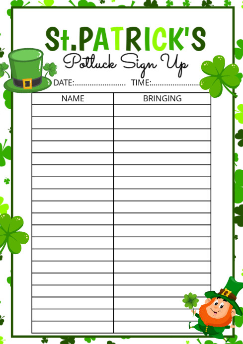 Illustrative St Patrick's Potluck Sign Up A4 Template | PosterMyWall