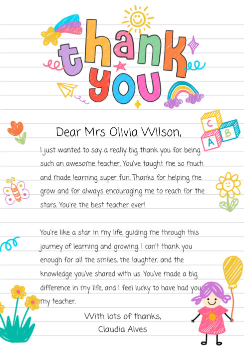 Illustrative Thank You Letter For Teacher A4 template