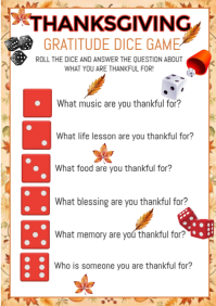 Illustrative Thanksgiving Gratitude Dice Game A4 template