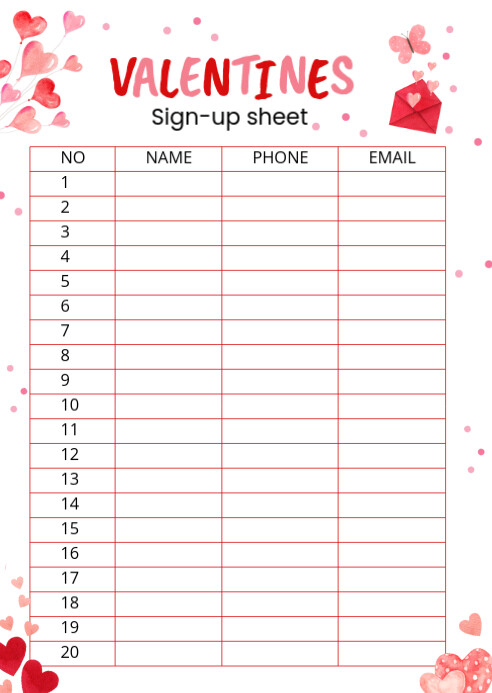 Illustrative Valentine's Party Sign Up Sheet A6 template