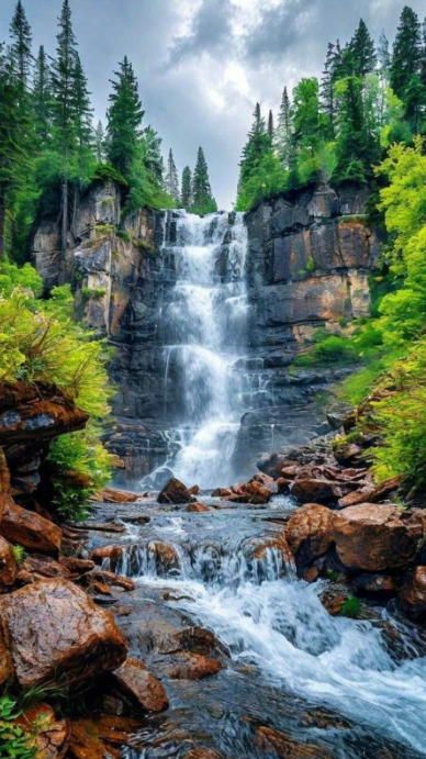 Plantilla de Illustrative Waterfall Digital DisplayMajestic Forest ...