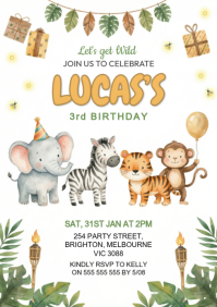 Illustrative Wild Animal Birthday Invitation A5 template