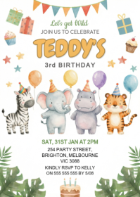 Illustrative Wild Animal Birthday Invitation A6 template