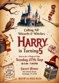 Illustrative Wizards Witches Birthday Invitation A6 template
