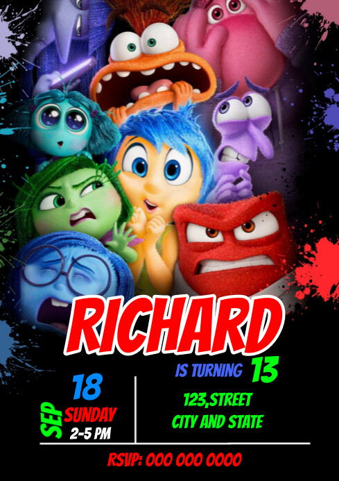 Inside Out 2 template invite birthday A4