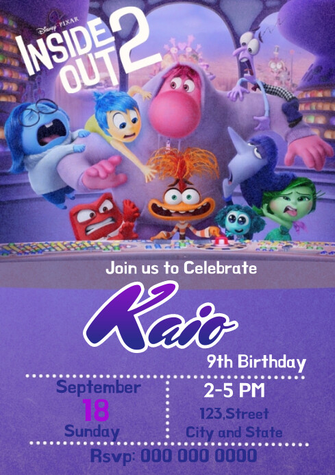 Inside Out 2 template invite birthday A4