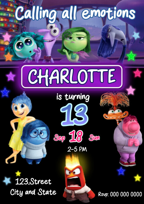Inside Out 2 template invite birthday A4
