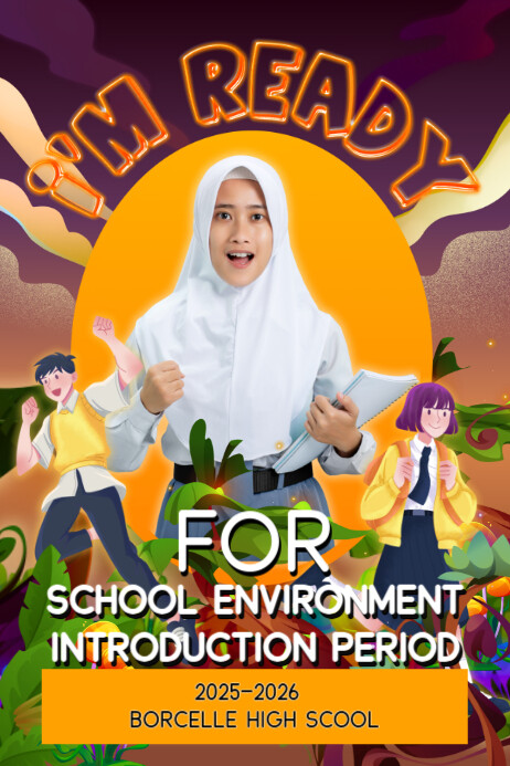 Instagram Post: Purple and Yellow Illustration of School Environment Introduction Period Plakkaat template