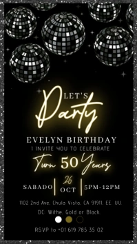 Invitación de cumpleaños Disco, neón Digital Display (9:16) template