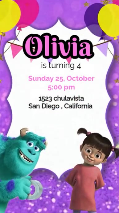 invitacion video moster inc niña Digital Display (9:16) template