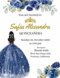 invitacion video quinceañera Azul marino flor Flyer (US Letter) template