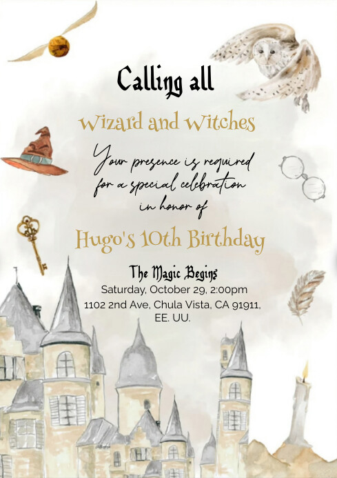 Invitación de cumpleaños de harry potter A4 template