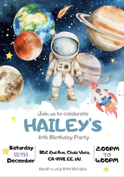 Invitación de cumpleaños de niño astronauta e A4 template