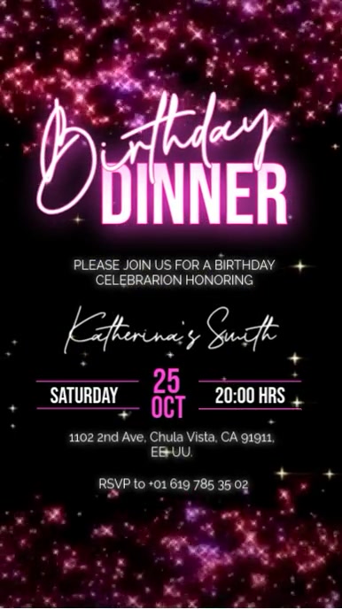 Invitación de cumpleaños neón birthday dinner Digital Display (9:16) template