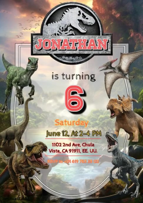 Invitación mundo jurásico de cumpleaños jurassic world A4 template